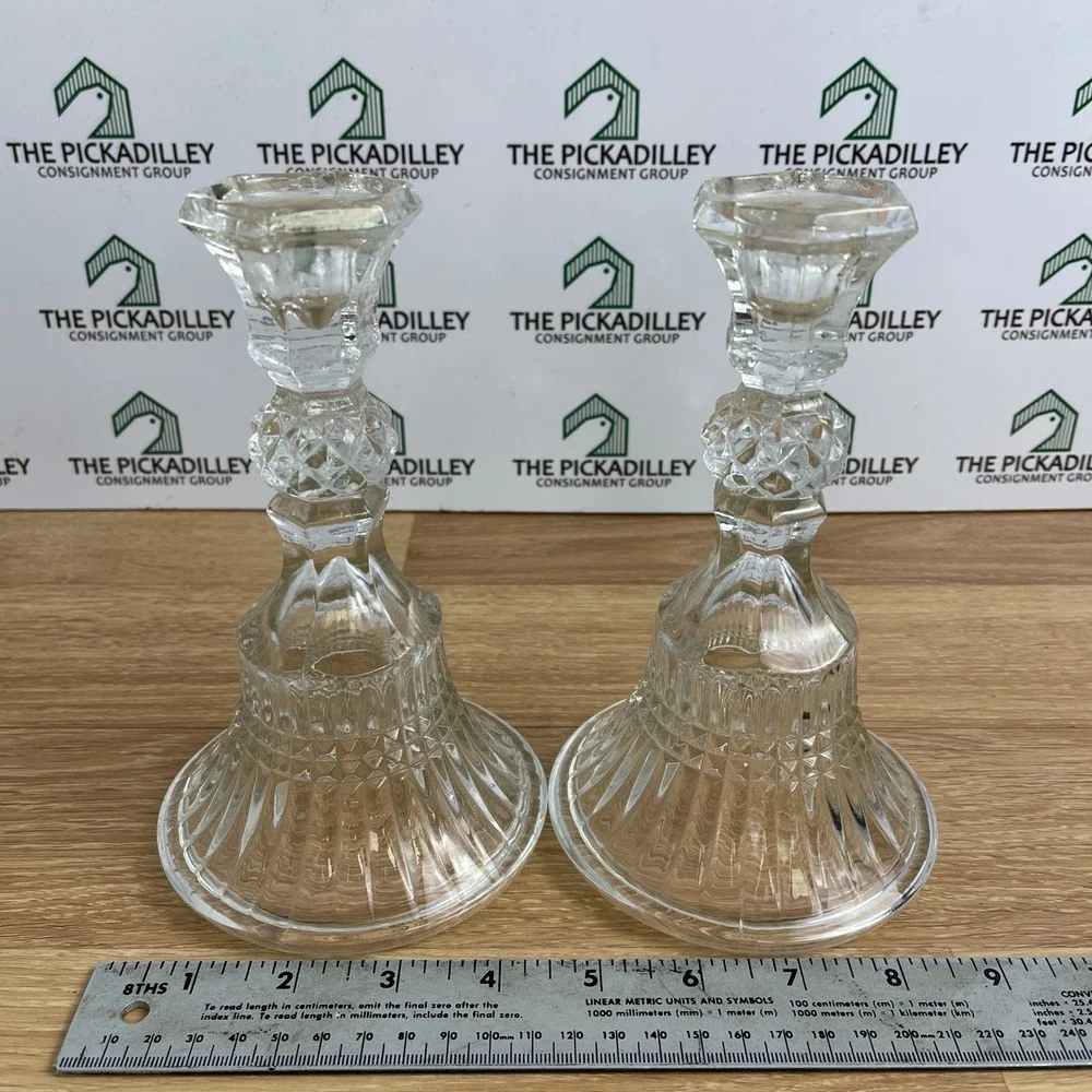 Vintage Indiana Clear Pressed Glass Taper Candlestick Holders Pair 7.5in